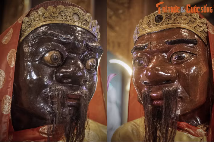 Khuôn mặt của cả hai bức tượng được tạo hình với cặp lông mày rậm, gờ nổi lên, đôi mắt to, tròn lồi, mũi to phình ra, đôi tai to và dài, cổ có những đường gân nổi lên, tạo nên vẻ dữ dằn đúng tính chất của các vị Hộ pháp.
