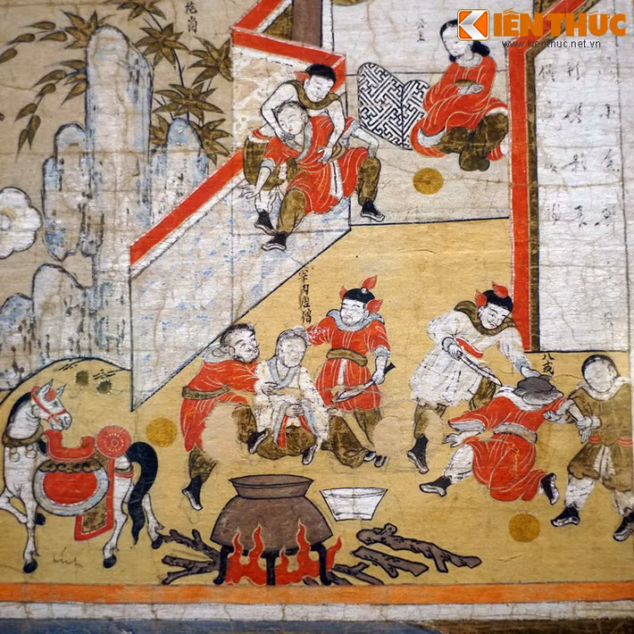 Phần này của bức tranh thể hiện cảnh Đường Tăng, Bát Giới và Sa Tăng lâm nạn, sắp bị yêu quái tống vào nồi nước sôi để ăn thịt.