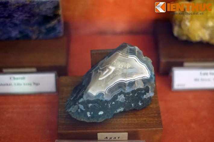 Ngoài các mẫu địa chất thu thập trong nước, Bảo tàng Địa chất Việt Nam còn có nhiều mẫu vật độc đáo đến từ nước ngoài, ví dụ như mẫu đá agat đến từ Ural, Liên bang Nga này.