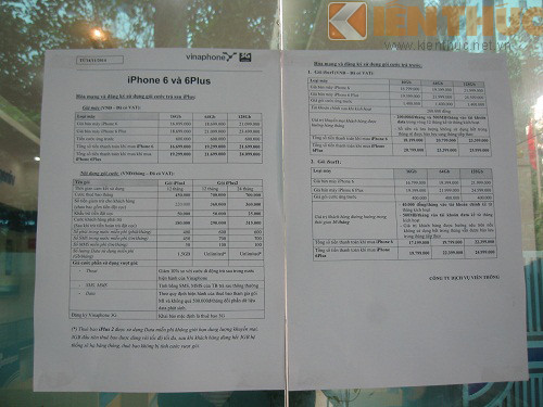 Bảng niêm yết giá iPhone 6 chính hãng bán ra của VinaPhone lần lượt 16.099 triệu đồng, 18.699 triệu đồng và 21.099 triệu đồng, loại 16G, 64G và 128G dành cho khách hàng mua kèm các gói cước trả sau có giá tương ứng là đã bao gồm thuế VAT.