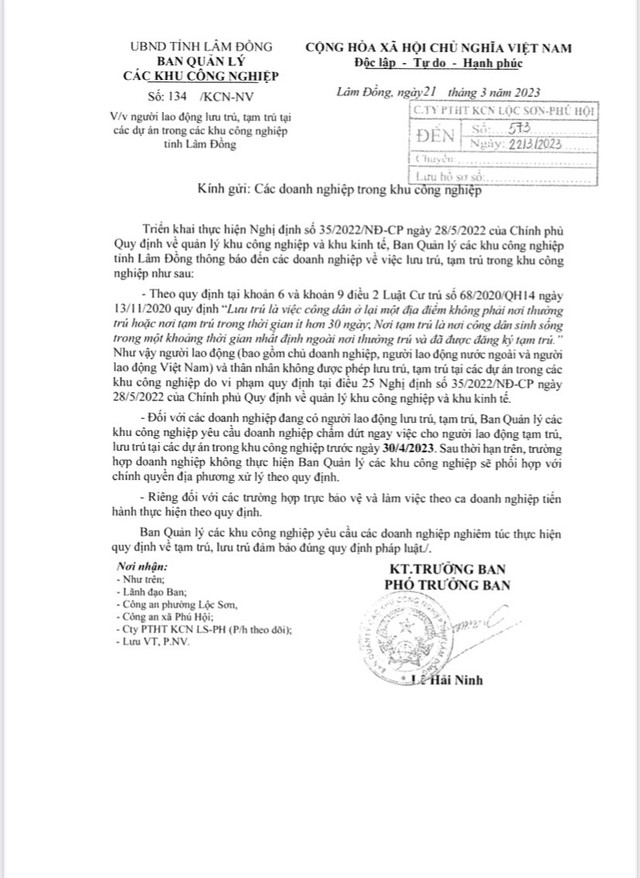 Làm ngược với Nghị định 35, Lâm Đồng cấm lao động lưu trú trong KCN Lam nguoc voi Nghi dinh 35, Lam Dong cam lao dong luu tru trong KCN