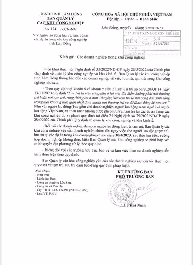 Lam nguoc voi Nghi dinh 35, Lam Dong cam lao dong luu tru trong KCN