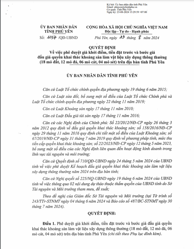 Phu Yen: Phe duyet phuong an dau gia 40 mo khoang san