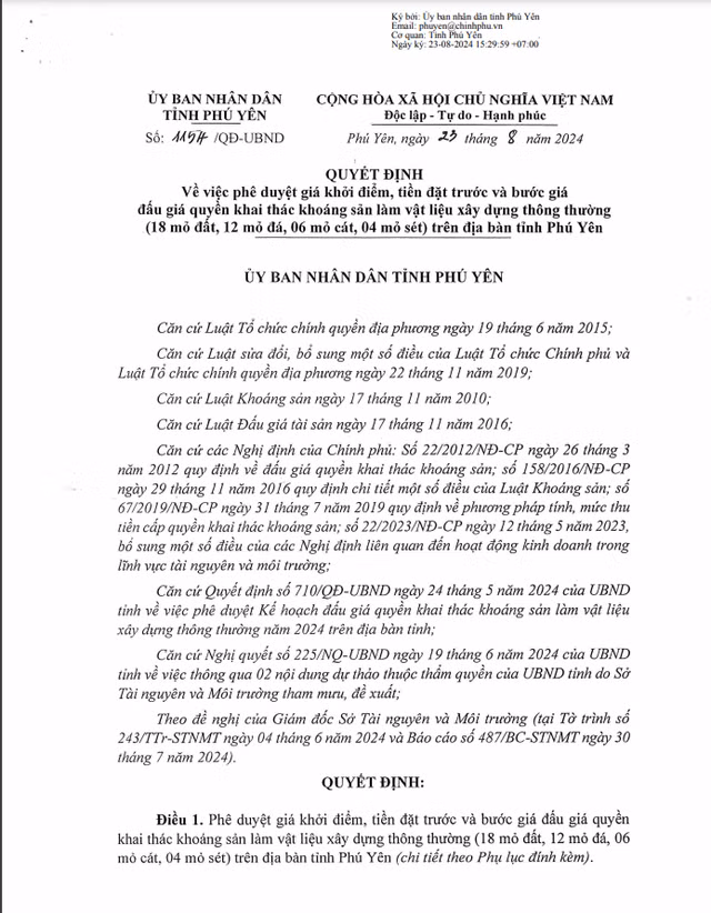 Phu Yen: Phe duyet phuong an dau gia 40 mo khoang san