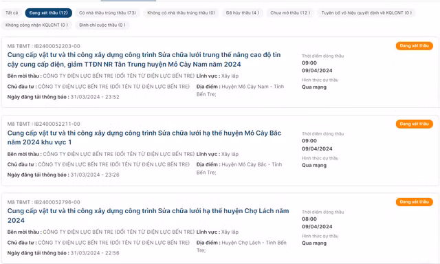 5 goi thau cua Dien luc Ben Tre co ve tay Xay lap dien Huu Trung?