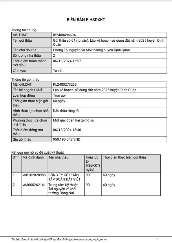 Đồng Nai: 2 nhà thầu cạnh tranh gói lập kế hoạch sử dụng đất 2025 huyện Định Quán Dong Nai: 2 nha thau canh tranh goi lap ke hoach su dung dat 2025 huyen Dinh Quan