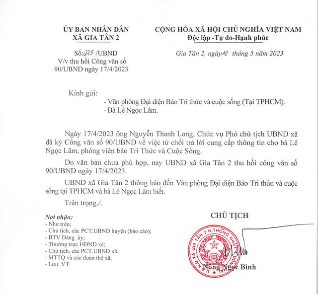 Xã Gia Tân 2 thu hồi công văn 'từ chối cung cấp thông tin cho phóng viên' Xa Gia Tan 2 thu hoi cong van 'tu choi cung cap thong tin cho phong vien'