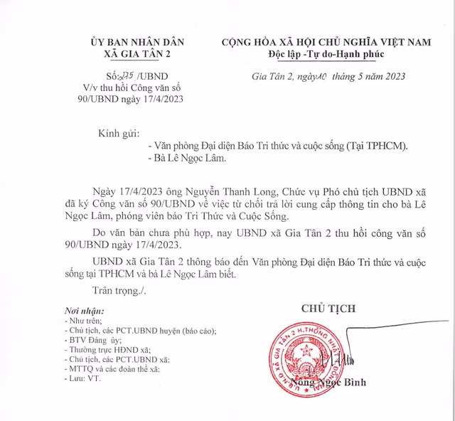 Xa Gia Tan 2 thu hoi cong van 'tu choi cung cap thong tin cho phong vien'