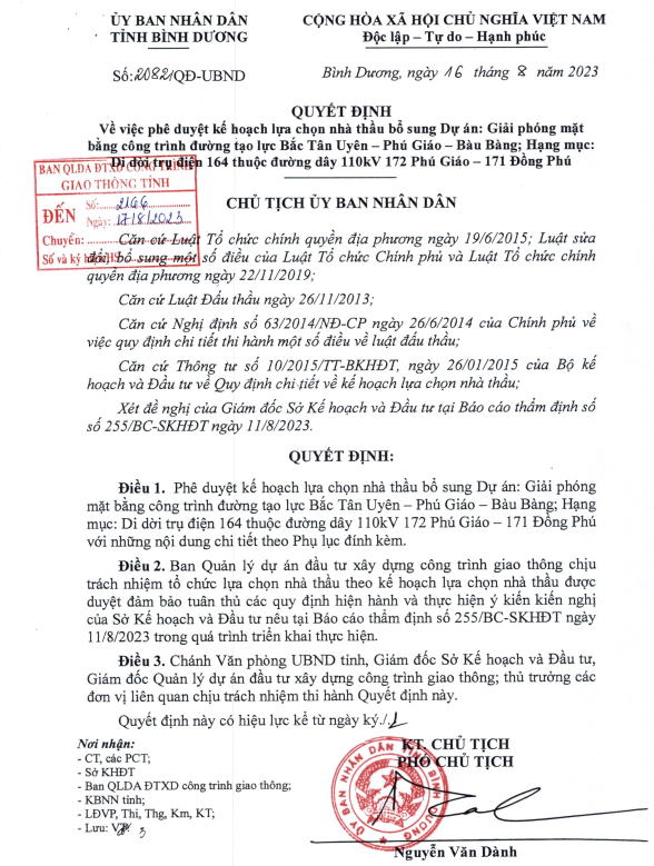 Binh Duong: Tiep tuc tim kiem don vi thuc hien goi thau gan 1.360 ty dong