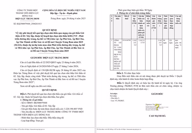 Ky thuat Hoang Quan mot ngay trung 3 goi thau tai Dien luc Trang Bom?