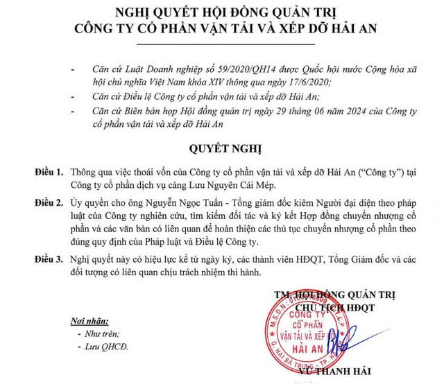Xếp dỡ Hải An bất ngờ thoái vốn khỏi công ty con sau 6 tháng thâu tóm - Hình 2 Xep do Hai An bat ngo thoai von khoi cong ty con sau 6 thang thau tom-Hinh-2