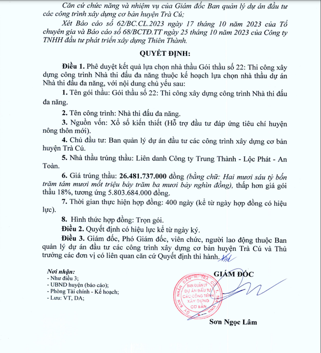 Tra Vinh: Lien danh 3 nha thau trung goi xay dung Nha thi dau da nang Tra Cu