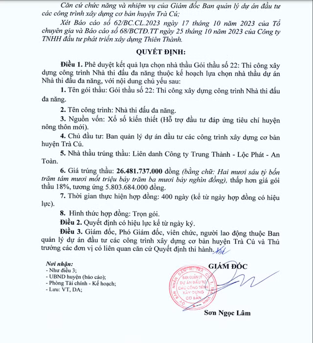 Tra Vinh: Lien danh 3 nha thau trung goi xay dung Nha thi dau da nang Tra Cu