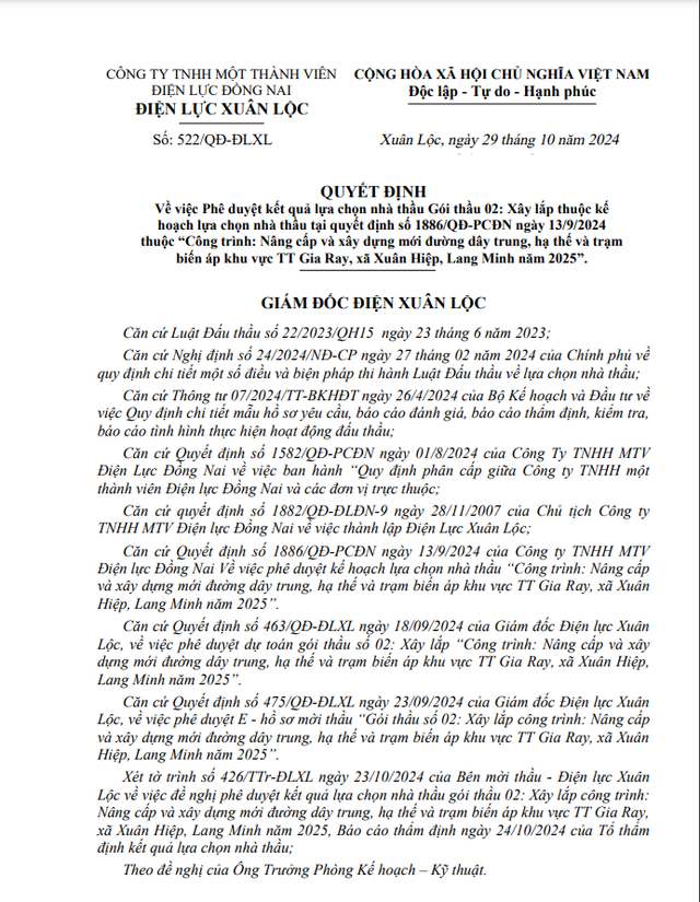 Da co nha thau thuc hien goi thau 02 cua Dien luc Xuan Loc