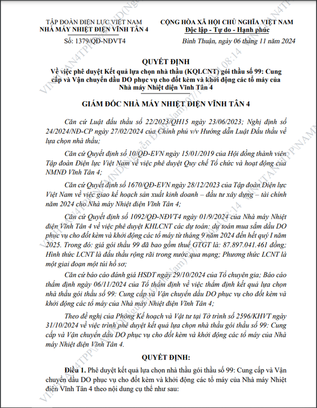 Tập đoàn Dương Đông trúng gói cung cấp, vận chuyển dầu DO của Nhiệt điện Vĩnh Tân 4 Tap doan Duong Dong trung goi cung cap, van chuyen dau DO cua Nhiet dien Vinh Tan 4