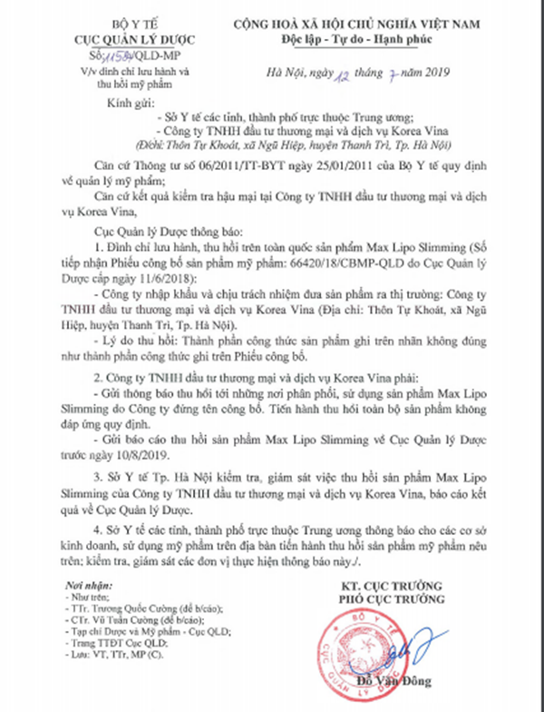 Mỹ phẩm giảm béo Max Lipo Slimming bị thu hồi chất lượng kém thế nào? My pham giam beo Max Lipo Slimming bi thu hoi chat luong kem the nao?