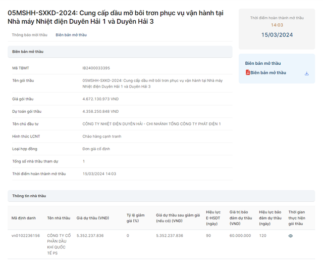 Cty PS co trung goi thau hon 4 ty cua Nhiet dien duyen hai?