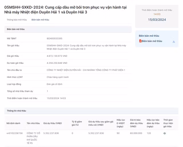 Cty PS co trung goi thau hon 4 ty cua Nhiet dien duyen hai?