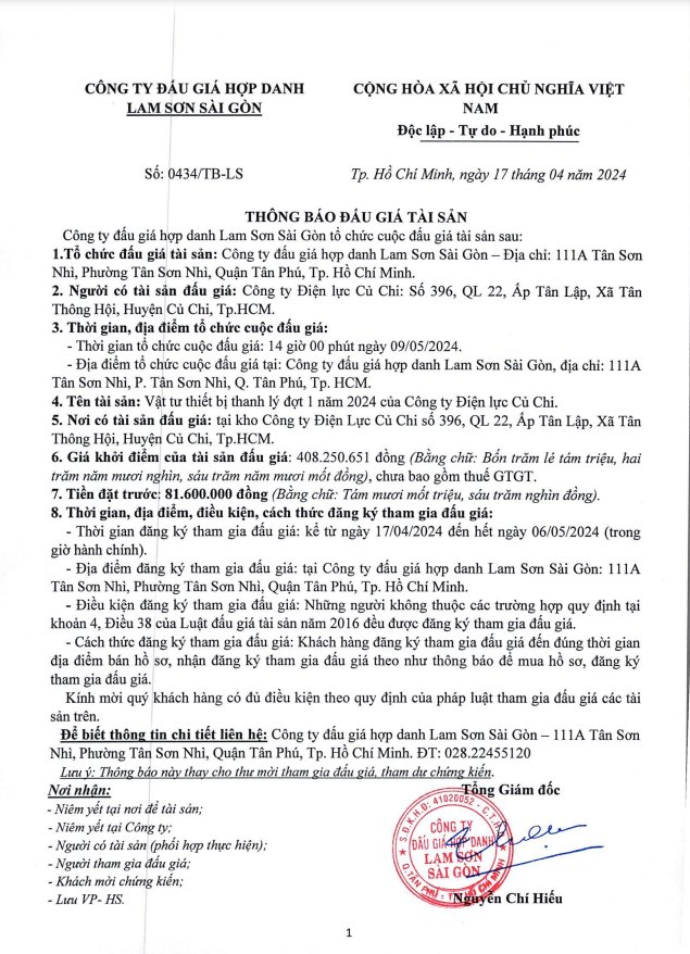 Dien luc Cu Chi thong bao dau gia vat tu thiet bi thanh ly