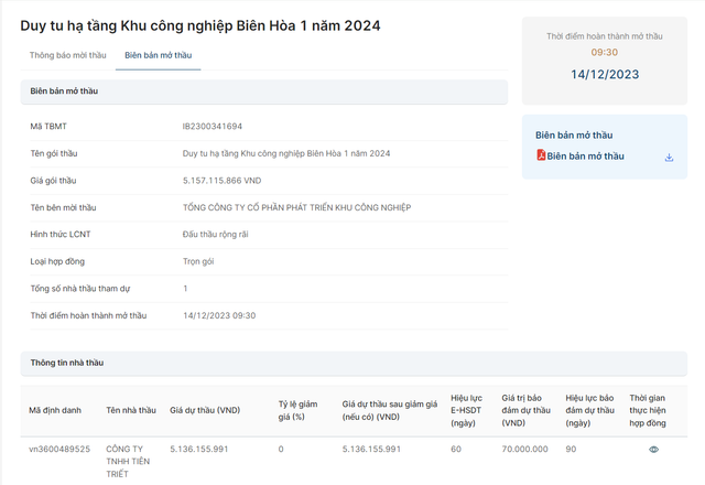 Duy nhat DN Tien Triet tham du goi thau duy tu ha tang KCN Bien hoa 1