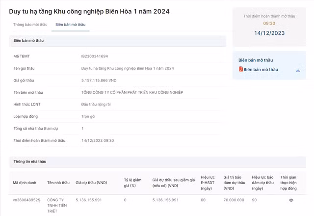 Duy nhat DN Tien Triet tham du goi thau duy tu ha tang KCN Bien hoa 1