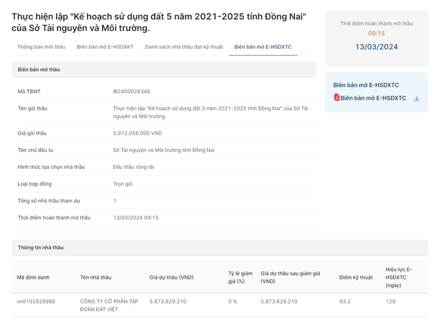 Sở TN - MT tỉnh Đồng Nai hoàn thành mở gói thầu 6 tỷ So TN - MT tinh Dong Nai hoan thanh mo goi thau 6 ty