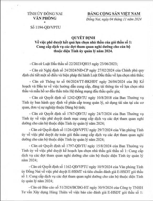 Dong Nai: Cong ty Vitraco trung goi thau dua can bo di du lich