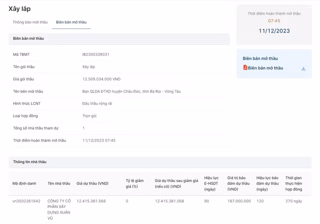 BR-VT: Duy nhat doanh nghiep Xuan Vu du goi thau xay lap hon 12 ty