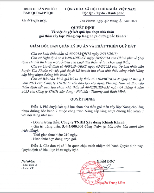 4 goi thau lam duong o Tan Phuoc ve tay cong ty Khanh Khanh