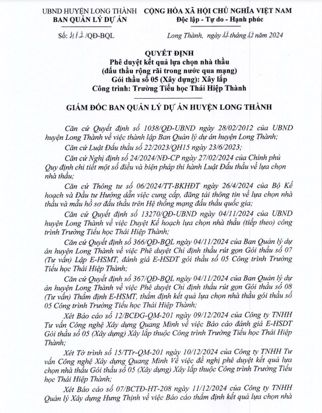 Cty Ngoc Phap, Dai Hai va DNF trung thau xay dung Truong TH Thai Hiep Thanh