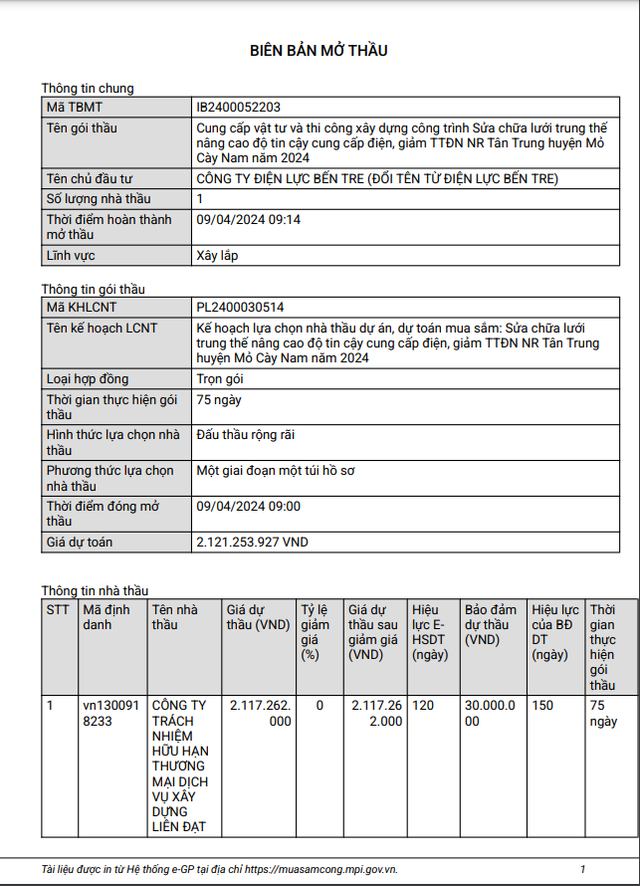 3 goi thau xay lap cua Dien luc Ben Tre co ve tay Cong ty Lien Dat?