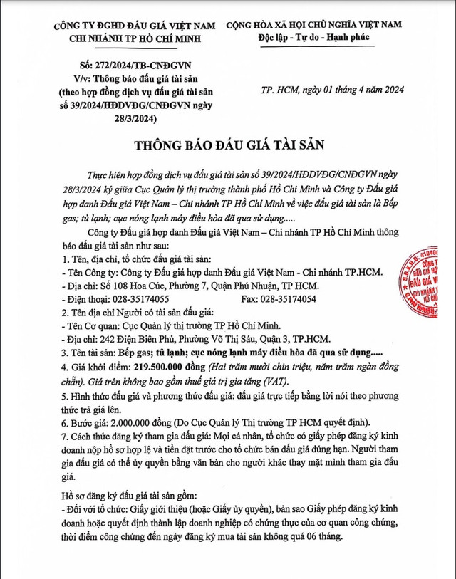 Cuc quan ly thi truong TP HCM thong bao dau gia tai san