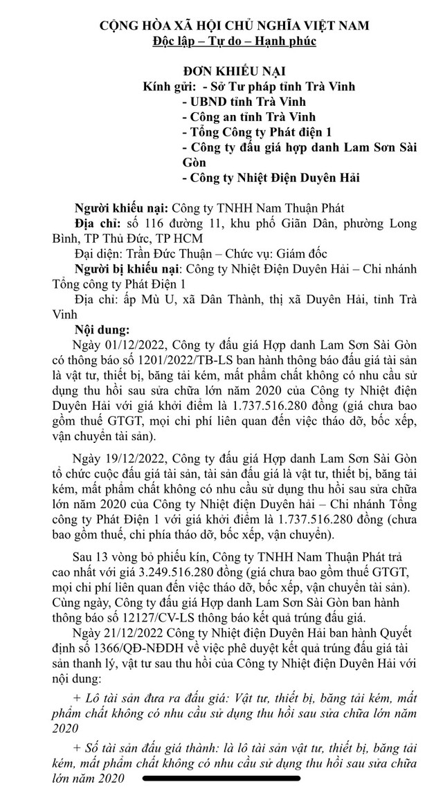 Công ty Nhiệt điện Duyên Hải tổ chức đấu giá rồi lật kèo? - Hình 3 Cong ty Nhiet dien Duyen Hai to chuc dau gia roi lat keo?-Hinh-3