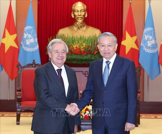 Tổng Bí thư Tô Lâm tiếp Tổng Thư ký Liên Hợp Quốc António Guterres. Ảnh: Thống Nhất/TTXVN Tổng Bí thư Tô Lâm tiếp Tổng Thư ký Liên Hợp Quốc António Guterres. Ảnh: Thống Nhất/TTXVN