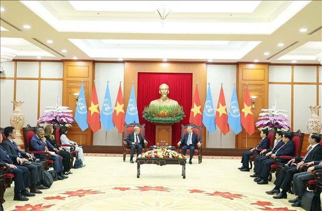 Tổng Bí thư Tô Lâm tiếp Tổng Thư ký Liên Hợp Quốc António Guterres. Ảnh: Thống Nhất/TTXVN Tổng Bí thư Tô Lâm tiếp Tổng Thư ký Liên Hợp Quốc António Guterres. Ảnh: Thống Nhất/TTXVN