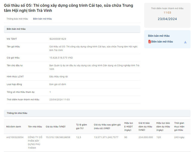 Trà Vinh: Duy nhất Công ty Phú Thành dự gói thầu hơn 15 tỷ Tra Vinh: Duy nhat Cong ty Phu Thanh du goi thau hon 15 ty