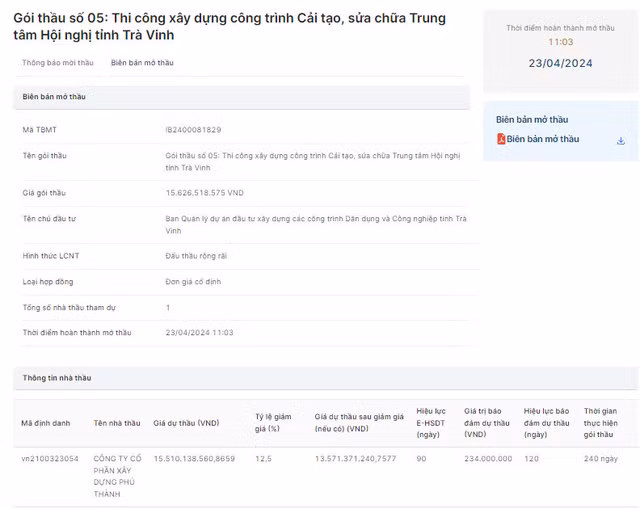 Tra Vinh: Duy nhat Cong ty Phu Thanh du goi thau hon 15 ty