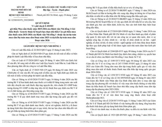 BV Nhi Dong 1 tim don vi cung cap thuoc, thiet bi y te