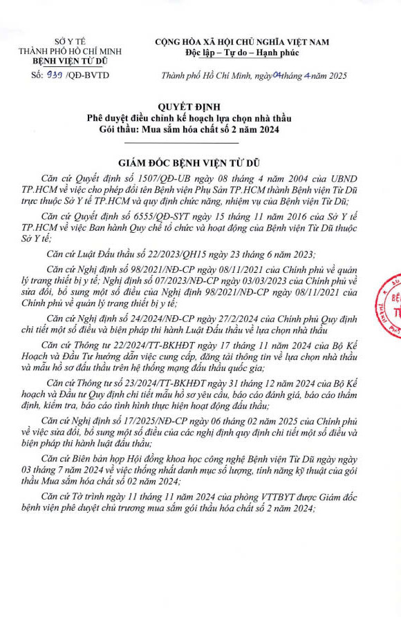 Benh vien Tu Du tim don vi cung cap hoa chat hon 121 ty