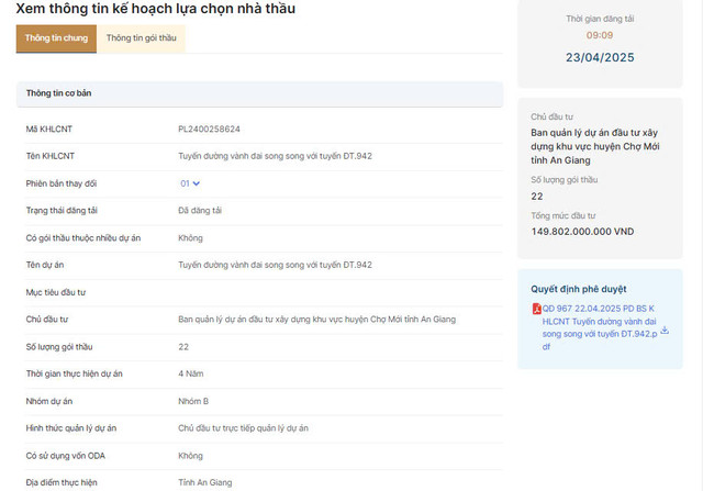 An Giang: Mời thầu thi công đoạn 1 tuyến đường vành đai song song với tuyến ĐT.942 An Giang: Moi thau thi cong doan 1 tuyen duong vanh dai song song voi tuyen DT.942