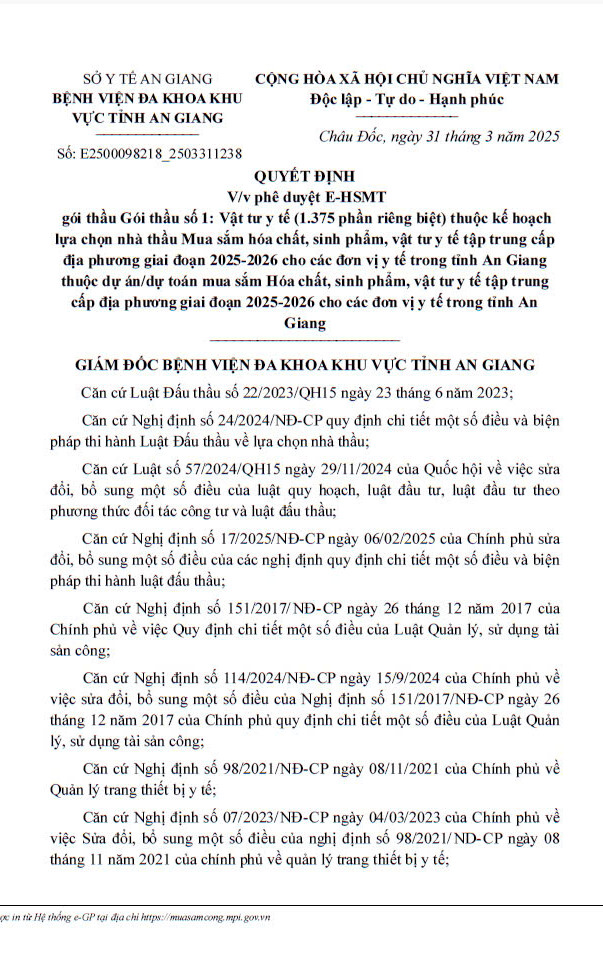 Benh vien Da khoa An Giang tim nha thau cung cap hoa chat, vat tu y te