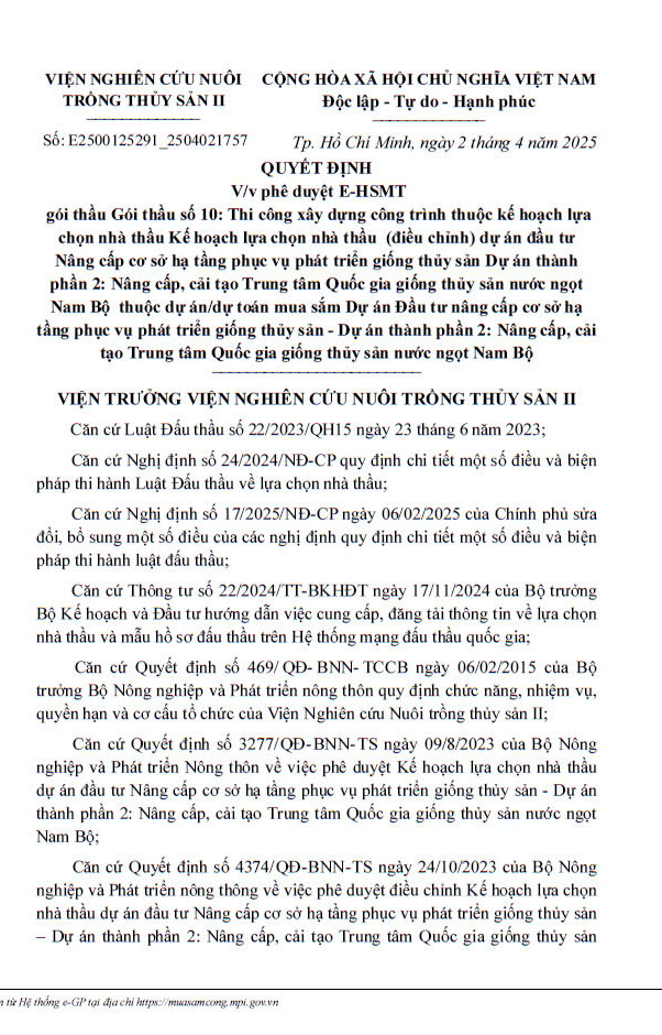 Vien Nghien cuu Nuoi trong thuy san II tim nha thau xay lap