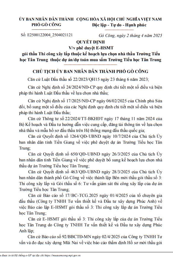 Ban QLDAPT quy dat TP Go Cong moi thau goi xay dung Truong Tieu hoc Tan Trung