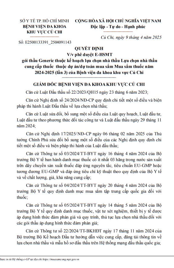 BV Da khoa Cu Chi tim nha thau cung cap thuoc, hoa chat