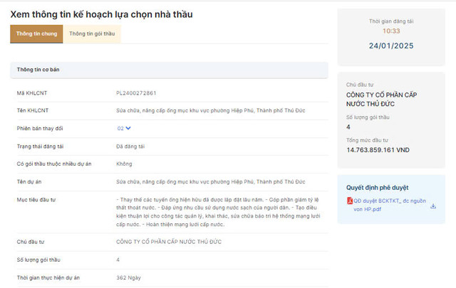 Cap nuoc Thu Duc tim nha thau xay lap hon 13 ty dong