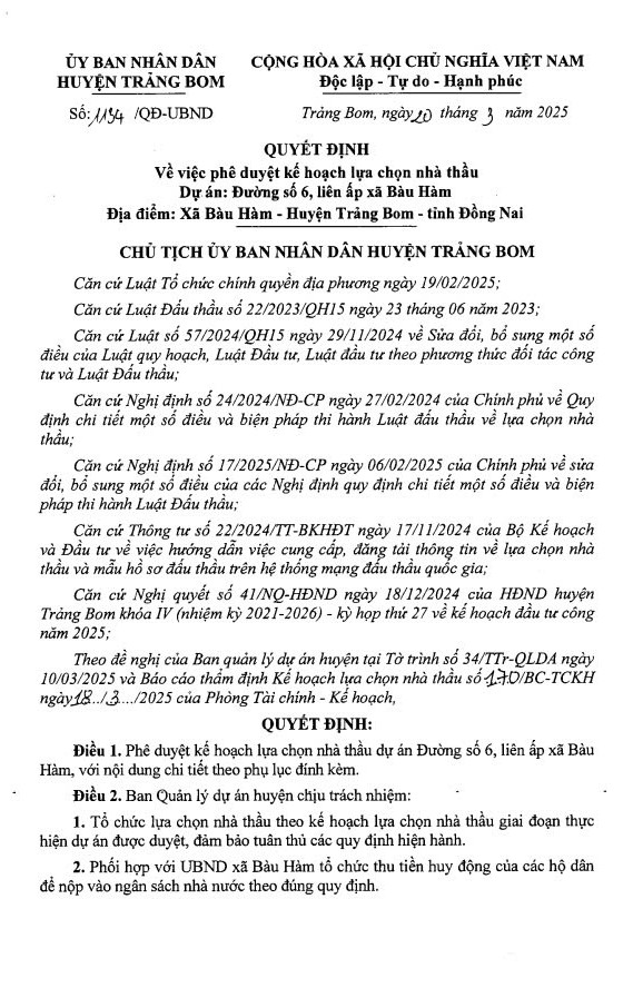 Ban QLDA huyen Trang Bom tim nha thau 2 du an thi cong duong