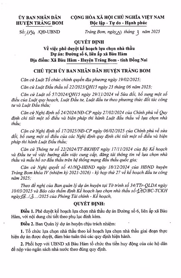 Ban QLDA huyen Trang Bom tim nha thau 2 du an thi cong duong