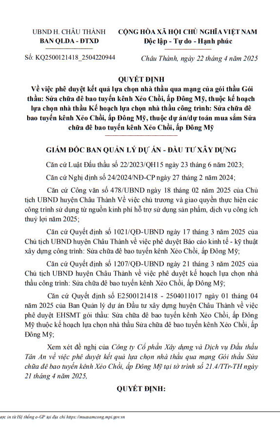 Cty Thanh Bao mot ngay trung 2 goi thau xay lap tai Chau Thanh Hau Giang