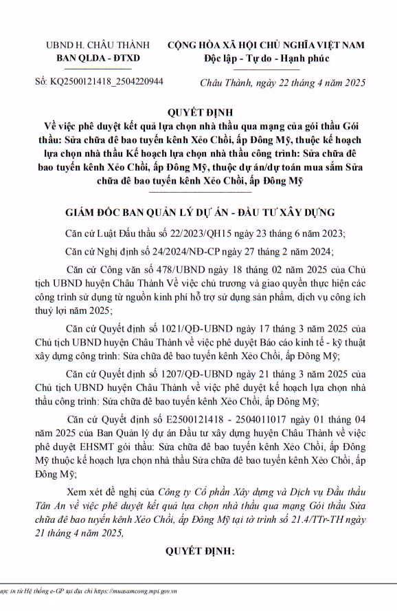 Cty Thanh Bao mot ngay trung 2 goi thau xay lap tai Chau Thanh Hau Giang