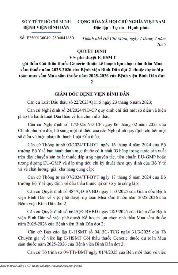 BV Binh Dan tim don vi cung cap thuoc va vat tu y te